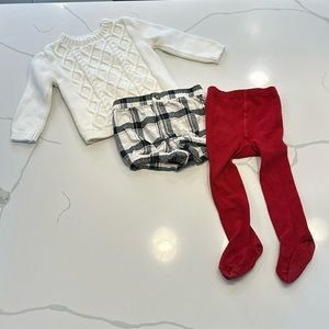 Carter’s 3 piece set white cable knit sweater plaid shorts red tights 24 months